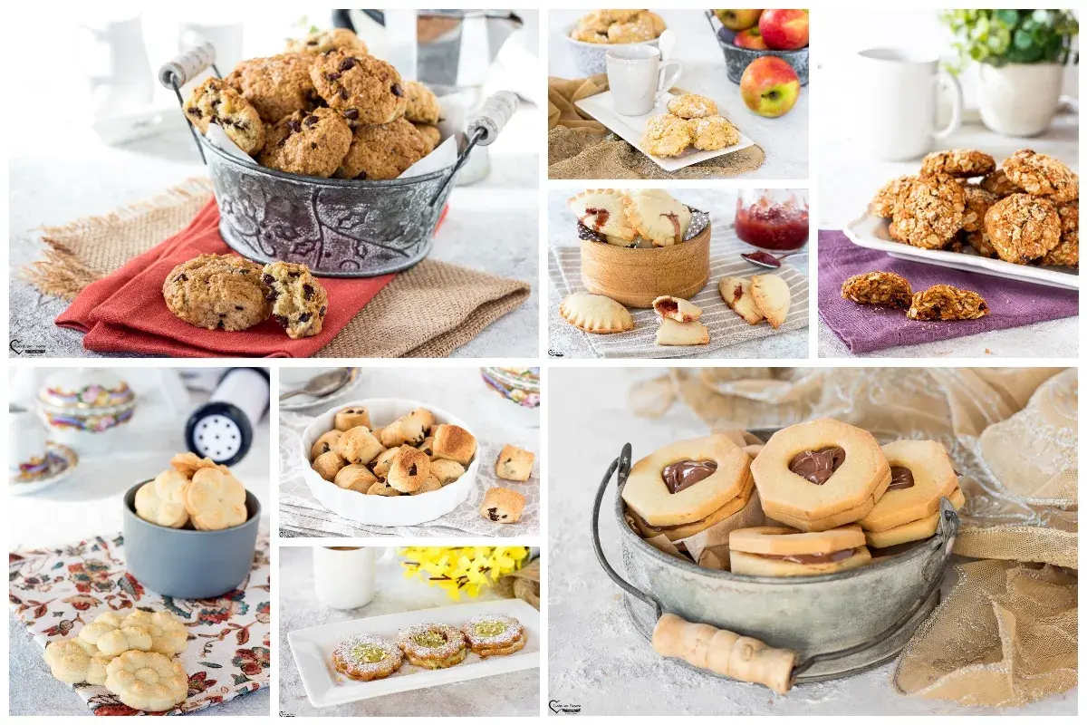 Collage di dolci: una ricetta biscotti classici con gocce di cioccolato, biscotti alla marmellata, biscotti con cuore di cioccolato e altri.
