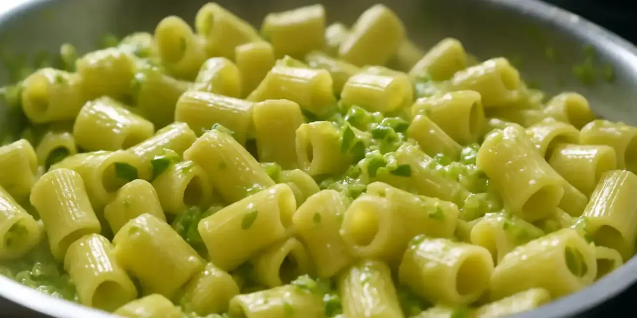 Rigatoni conditi con una cremosa salsa verde, un delizioso piatto di pasta e zucchine alla napoletana.
