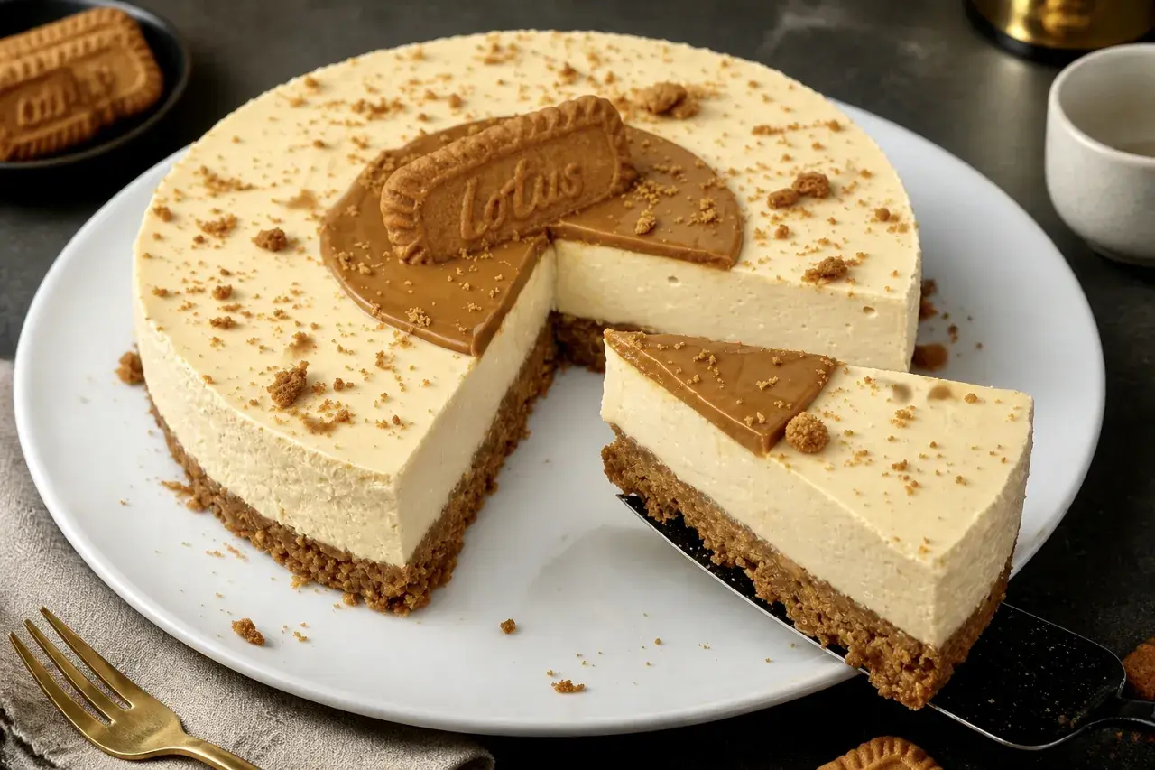 Delizioso cheesecake Lotus con base croccante e topping al caramello. Una fetta invitante attende di essere gustata.