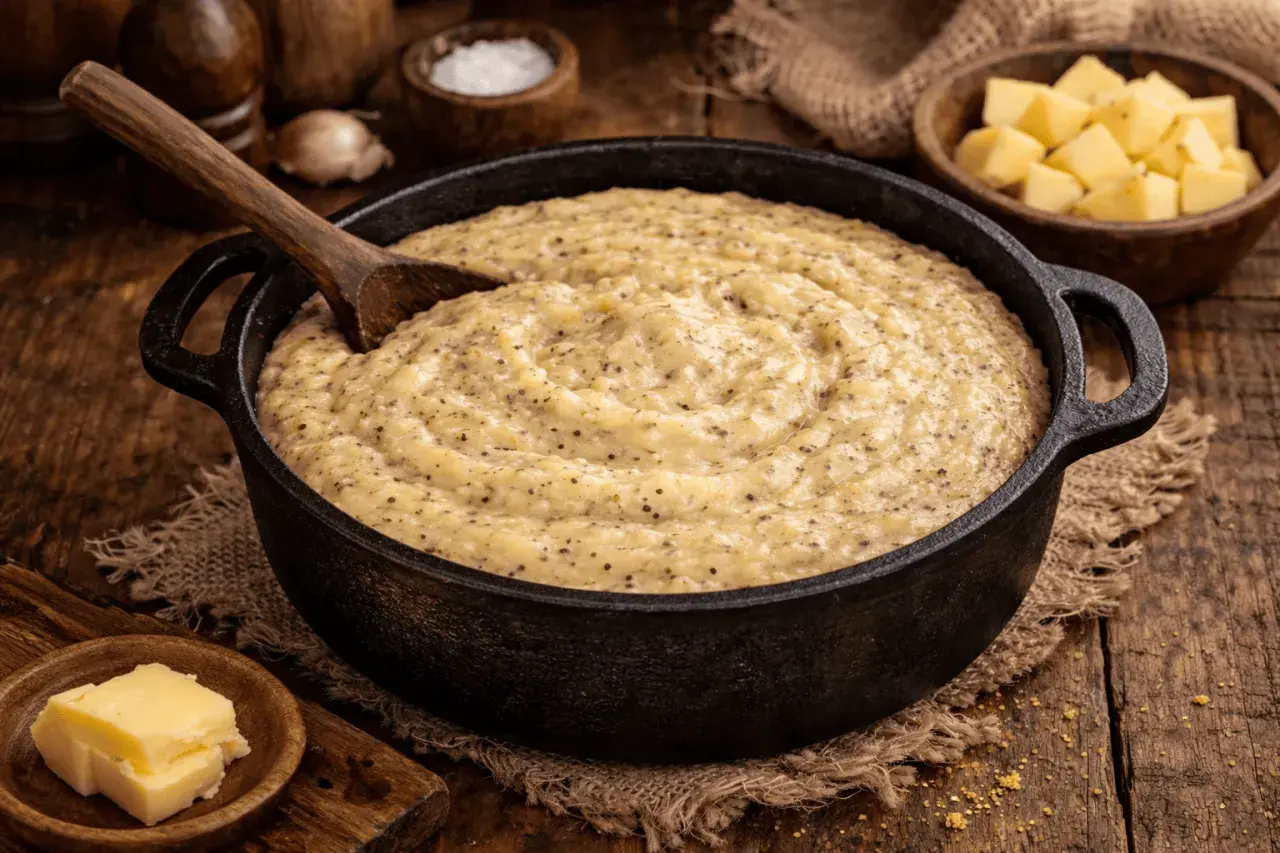 Una calda polenta taragna fumante in una padella di ghisa, con un cucchiaio di legno pronto a servirla. Accanto, cubetti di formaggio e burro.