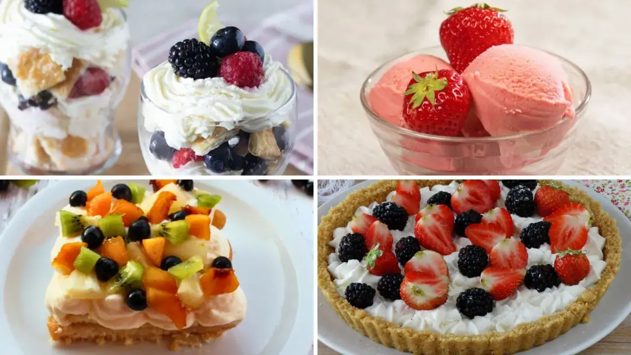 Deliziosi dolci estivi: trifle con frutti di bosco, gelato alla fragola, torta di frutta e crostata con panna e fragole.
