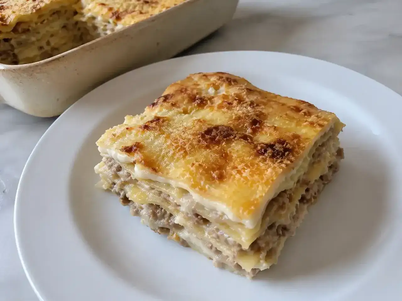 Una fetta di lasagna bianca, stratificata con carne e besciamella, dorata al forno, su un piatto bianco.