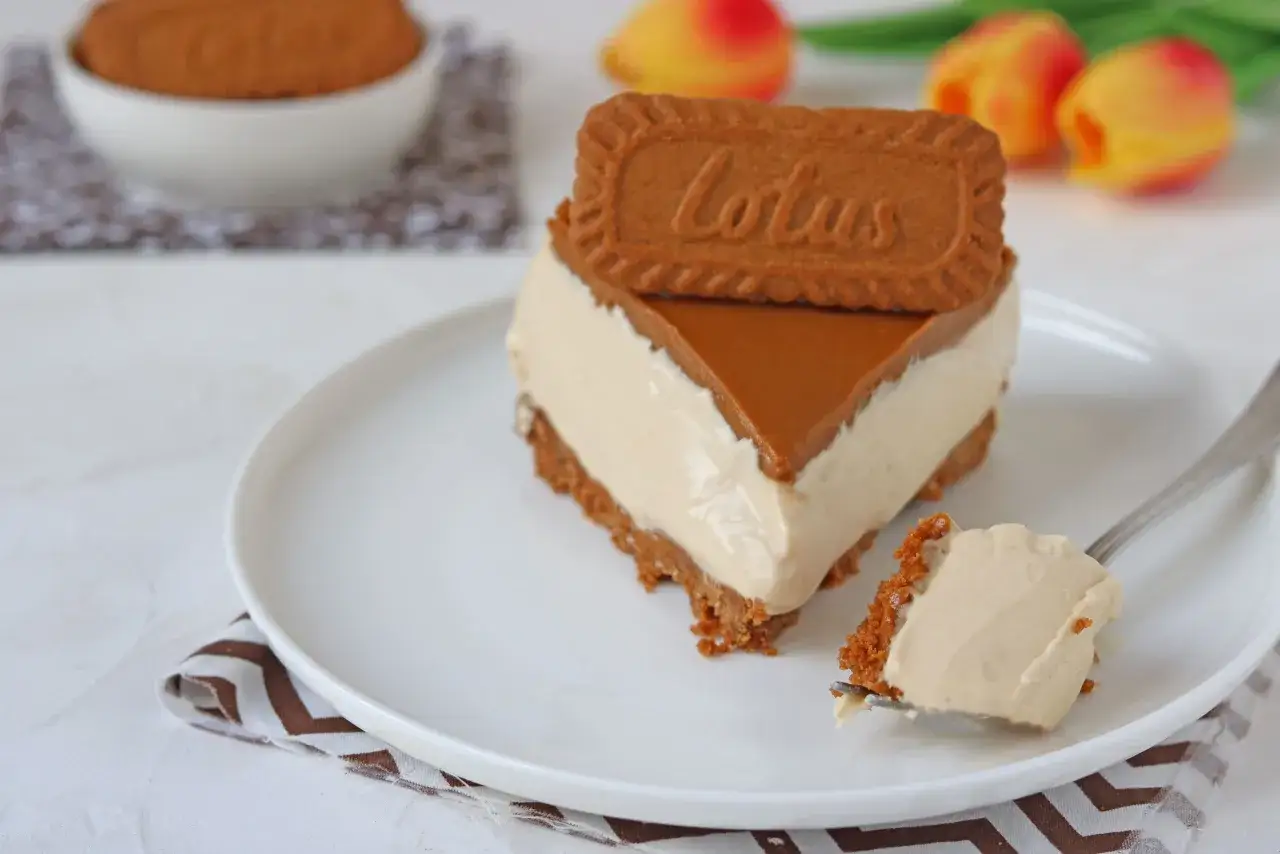 Una fetta di cheesecake lotus, con biscotto decorativo e caramello, su un piatto bianco.
