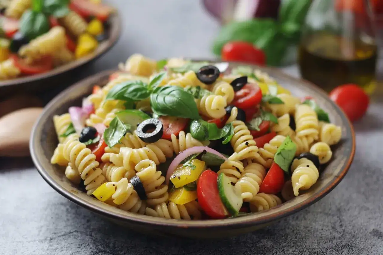 Un piatto invitante di insalata di pasta con fusilli, pomodorini, olive nere, peperoni gialli, cipolla rossa e basilico fresco.