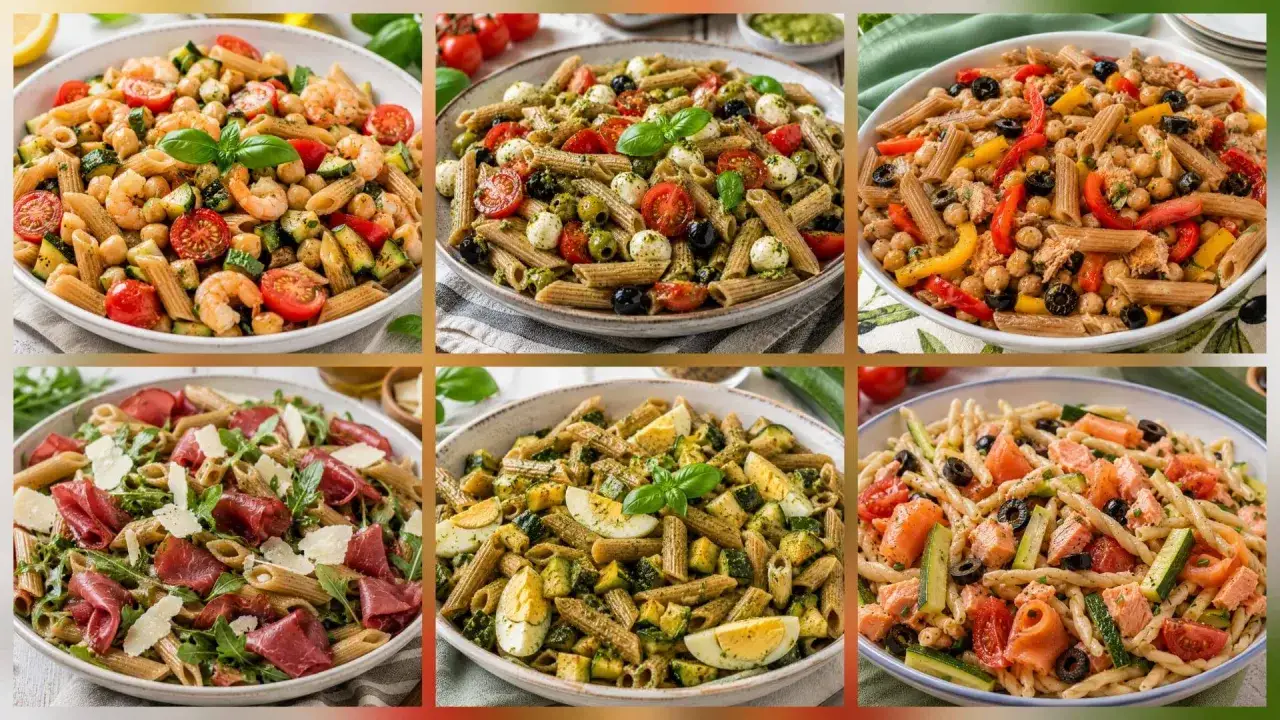 Sei piatti di pasta fredda saporita: con gamberi, pesto, tonno, bresaola, uova e salmone.