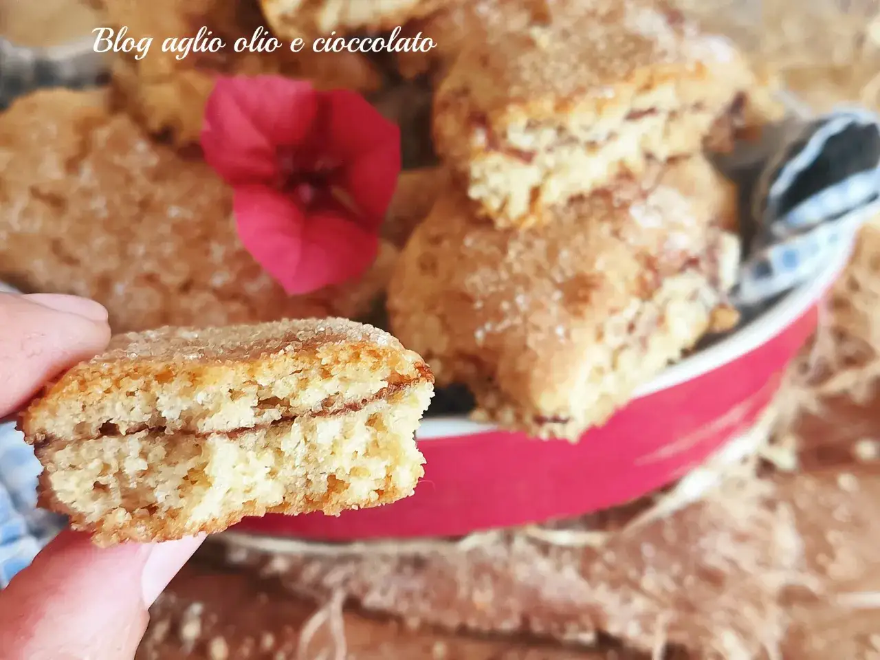 Deliziosi biscotti senza burro ripieni di cioccolato, cosparsi di zucchero. Perfetti per una pausa golosa.