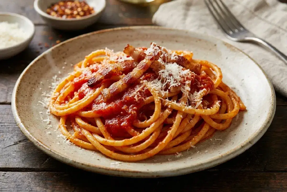 Un piatto di bucatini all'amatriciana ricetta, conditi con sugo rosso, guanciale croccante e pecorino grattugiato.