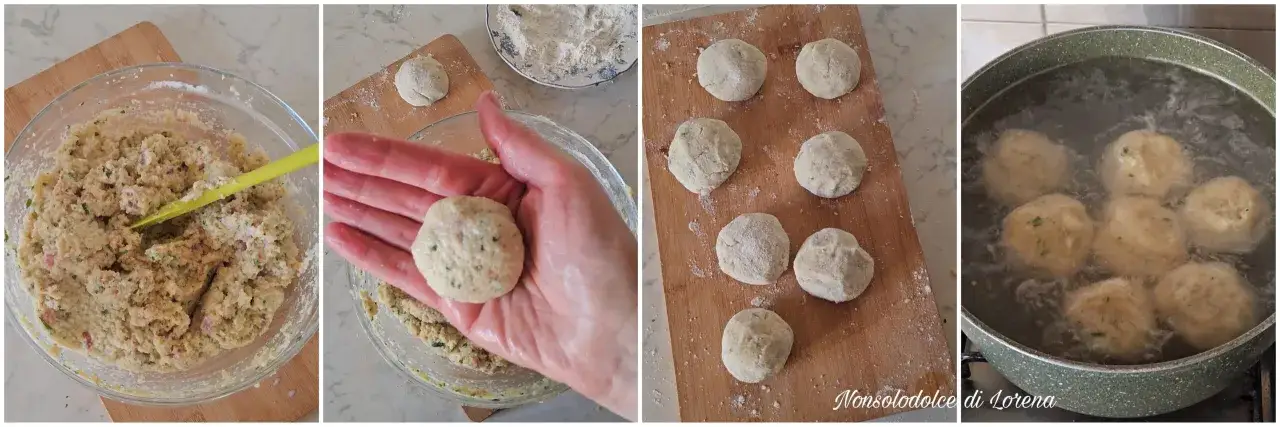 Preparazione di gnocchi di pane fatti in casa: impasto, formazione delle palline e cottura in acqua bollente.