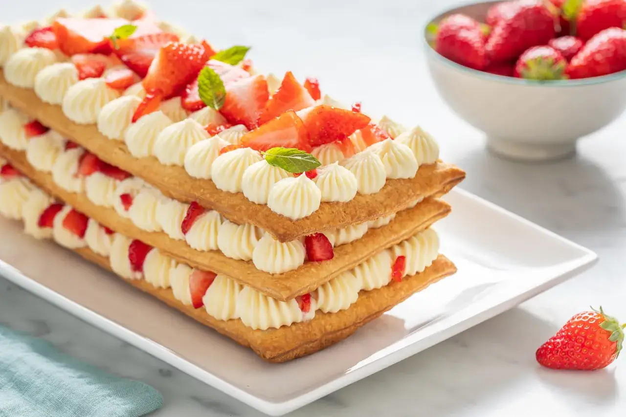Deliziosa torta millefoglie con crema diplomatica e fragole fresche, un dolce perfetto per ogni occasione.
