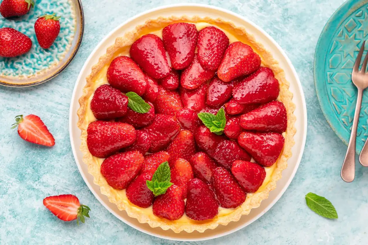 Una deliziosa crostata di fragole, con fragole fresche e lucide disposte su una crema pasticcera, guarnita con foglie di menta.