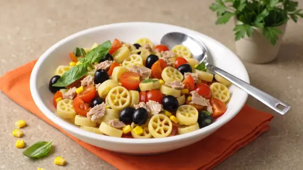 Un piatto invitante di pasta fredda tonno, con pomodorini, olive nere e mais. Perfetta per un pasto estivo.