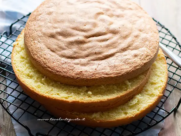 Due dischi di soffice sponge cake dorato, uno sopra l'altro, su una griglia. Perfetti per una torta deliziosa.