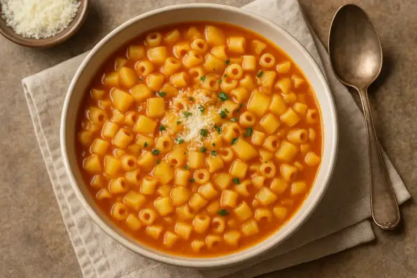 Una ciotola di pasta e patate fumante, guarnita con parmigiano grattugiato e prezzemolo. Accanto, un cucchiaio d'argento e una ciotolina di formaggio.