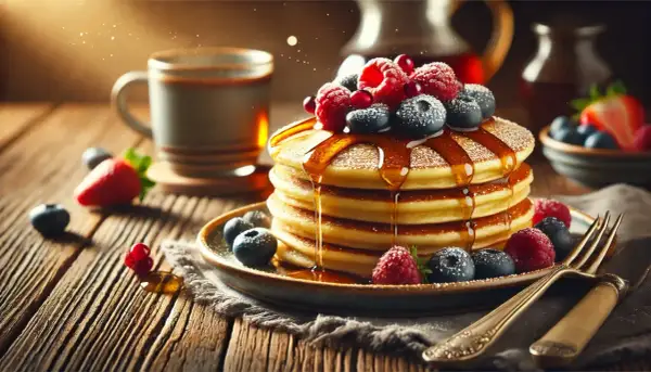 Pancake con albumi, guarniti con frutti di bosco e sciroppo d'acero, su un tavolo di legno rustico.