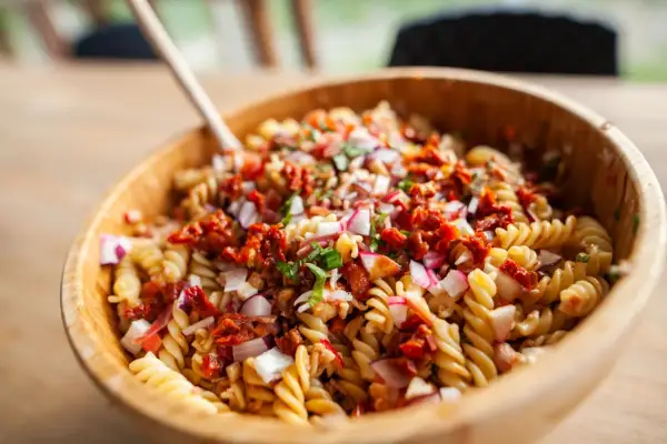 Pasta fredda da portare a lavoro, un'insalata colorata con fusilli, pomodori secchi, cipolla rossa e ravanelli. Perfetta per un pranzo gustoso.