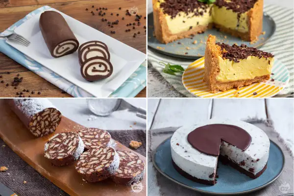 Quattro deliziosi dolci senza forno: rotolo al cacao, cheesecake, salame di cioccolato e torta fredda.