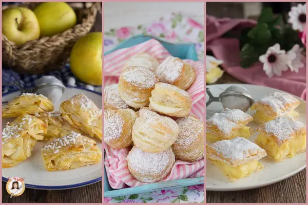 Deliziosi dolci con pasta sfoglia, alcuni ripieni di crema, altri con mele e spolverati di zucchero a velo o codette.