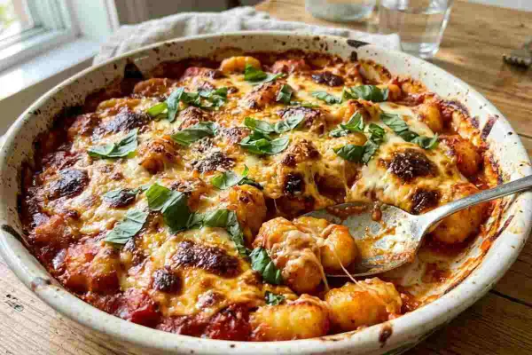 Gnocchi alla sorrentina fumanti in una teglia, con formaggio filante e basilico fresco. Un piatto invitante pronto per essere gustato.