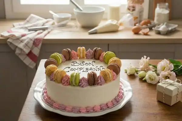 Torta di compleanno bianca decorata con macarons colorati e scritta "Buon Compleanno". Sul tavolo, fiori e un piccolo pacchetto regalo.