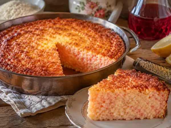 La torta di riso ricetta della nonna, dorata e invitante, con una fetta servita su un piattino.