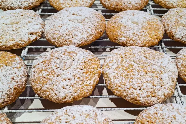 Biscotti con farina di mandorle, cosparsi di zucchero a velo, riposano su una griglia.