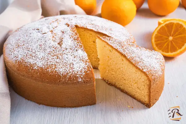 Torta soffice all'arancia, ricetta della nonna, cosparsa di zucchero a velo, con fette d'arancia sullo sfondo.