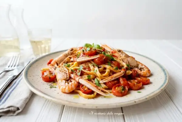 Un piatto invitante di linguine agli scampi, condite con pomodorini succosi e basilico fresco.
