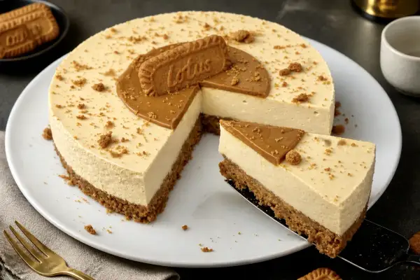 Delizioso cheesecake Lotus con base croccante e topping al caramello. Una fetta invitante attende di essere gustata.